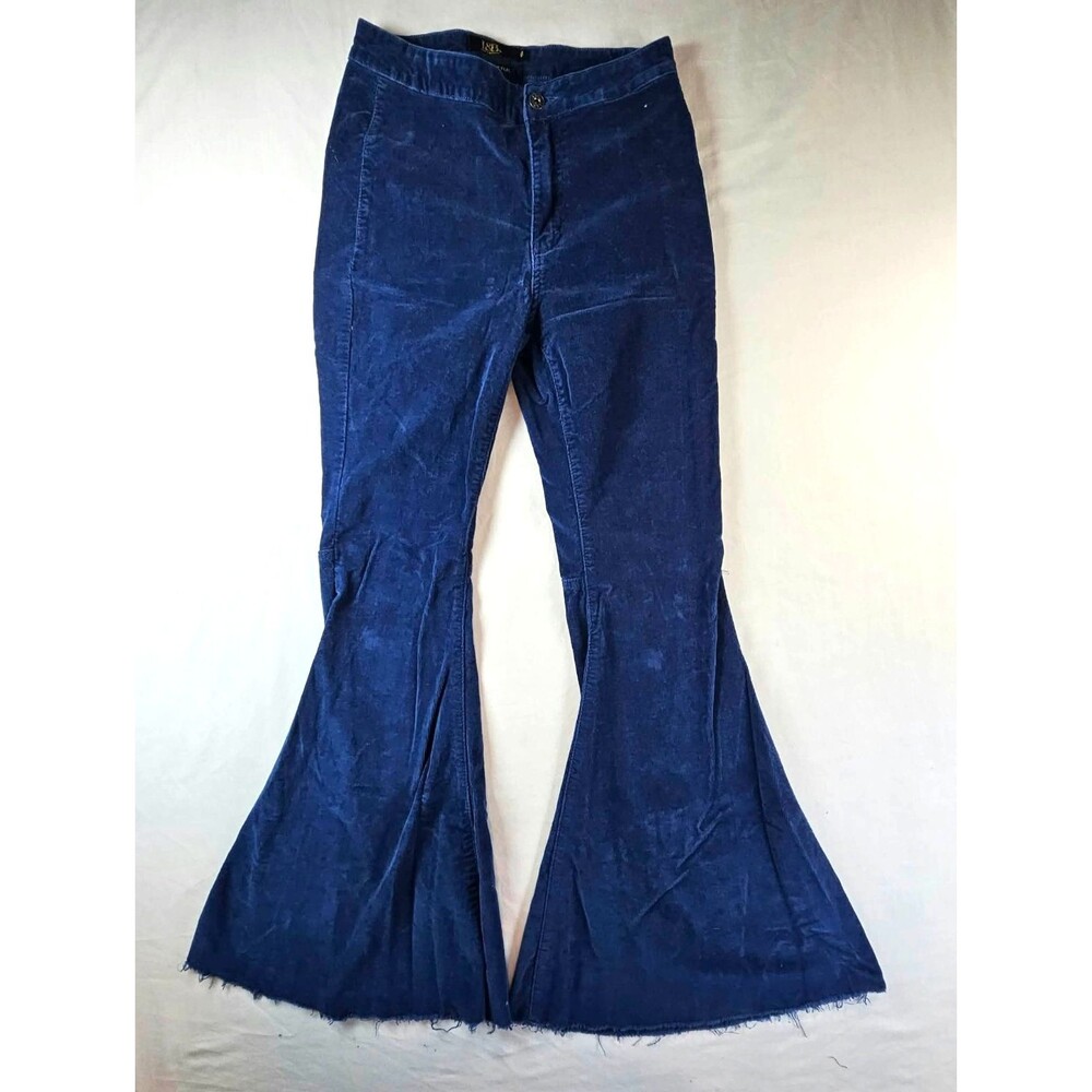 L&B Lucky & Blessed Women's Size 8 Blue Corduroy Flare Pants Raw Hem 5 Pocket